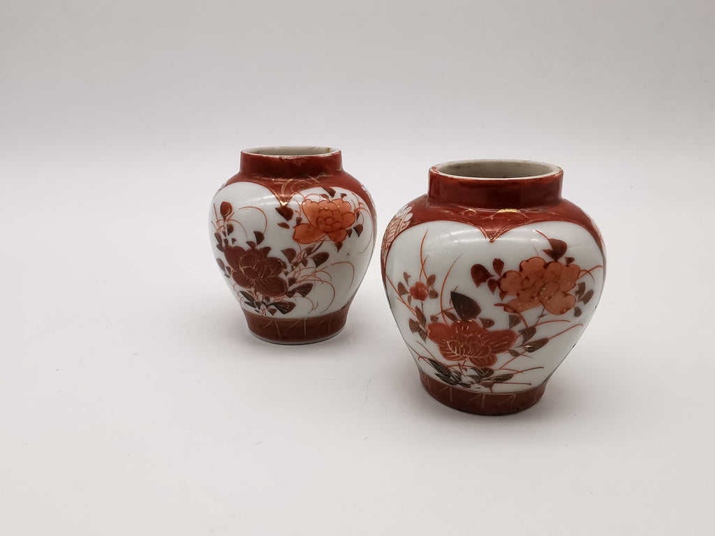 Pair of Antique Japanese Meiji Kutani Cabinet Vases – Iron Red and Gold