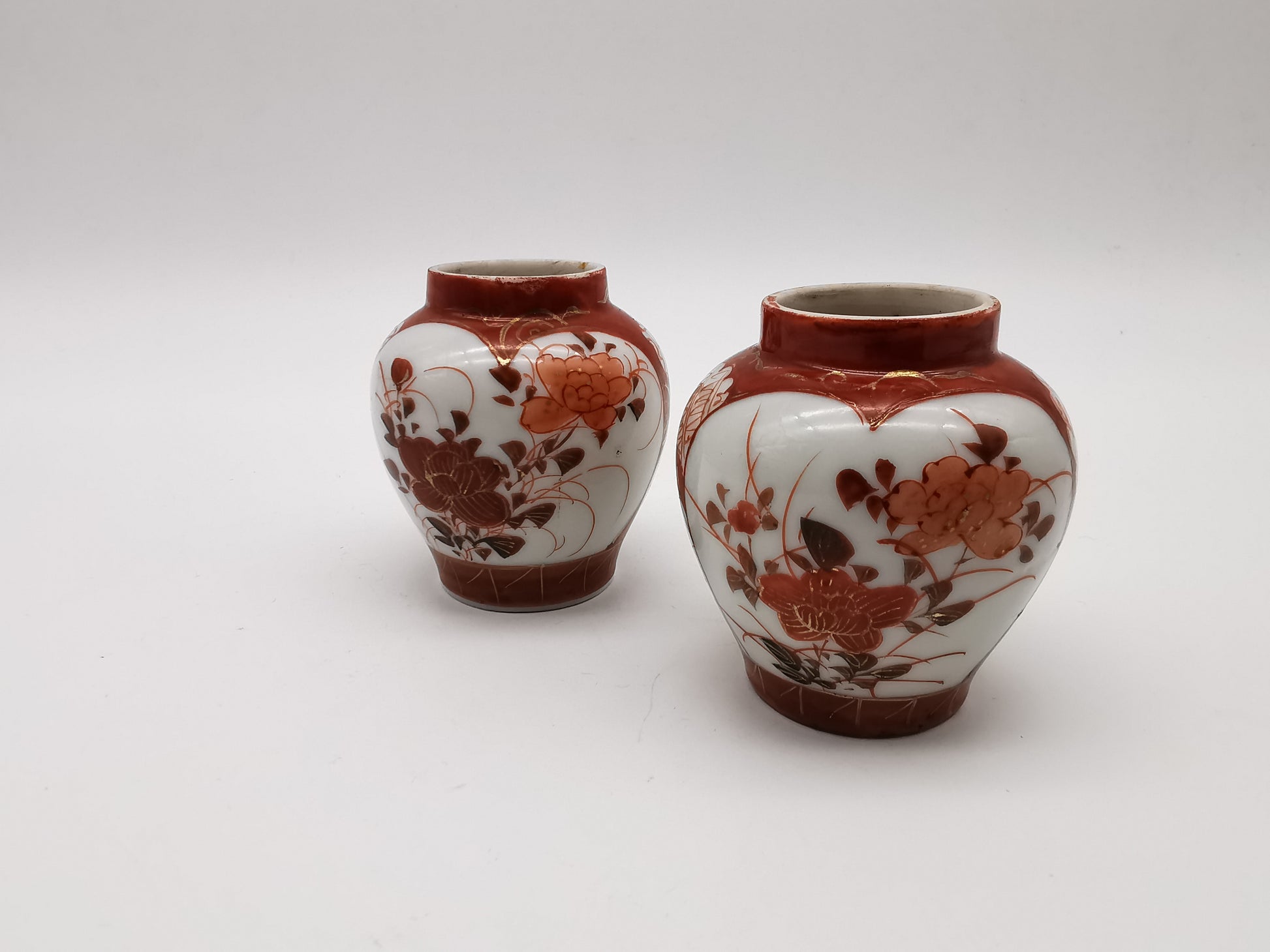 Pair of Antique Japanese Meiji Kutani Cabinet Vases – Iron Red and Gold