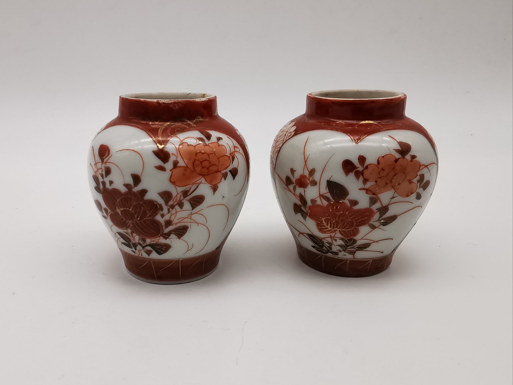 Pair of Antique Japanese Meiji Kutani Cabinet Vases – Iron Red and Gold