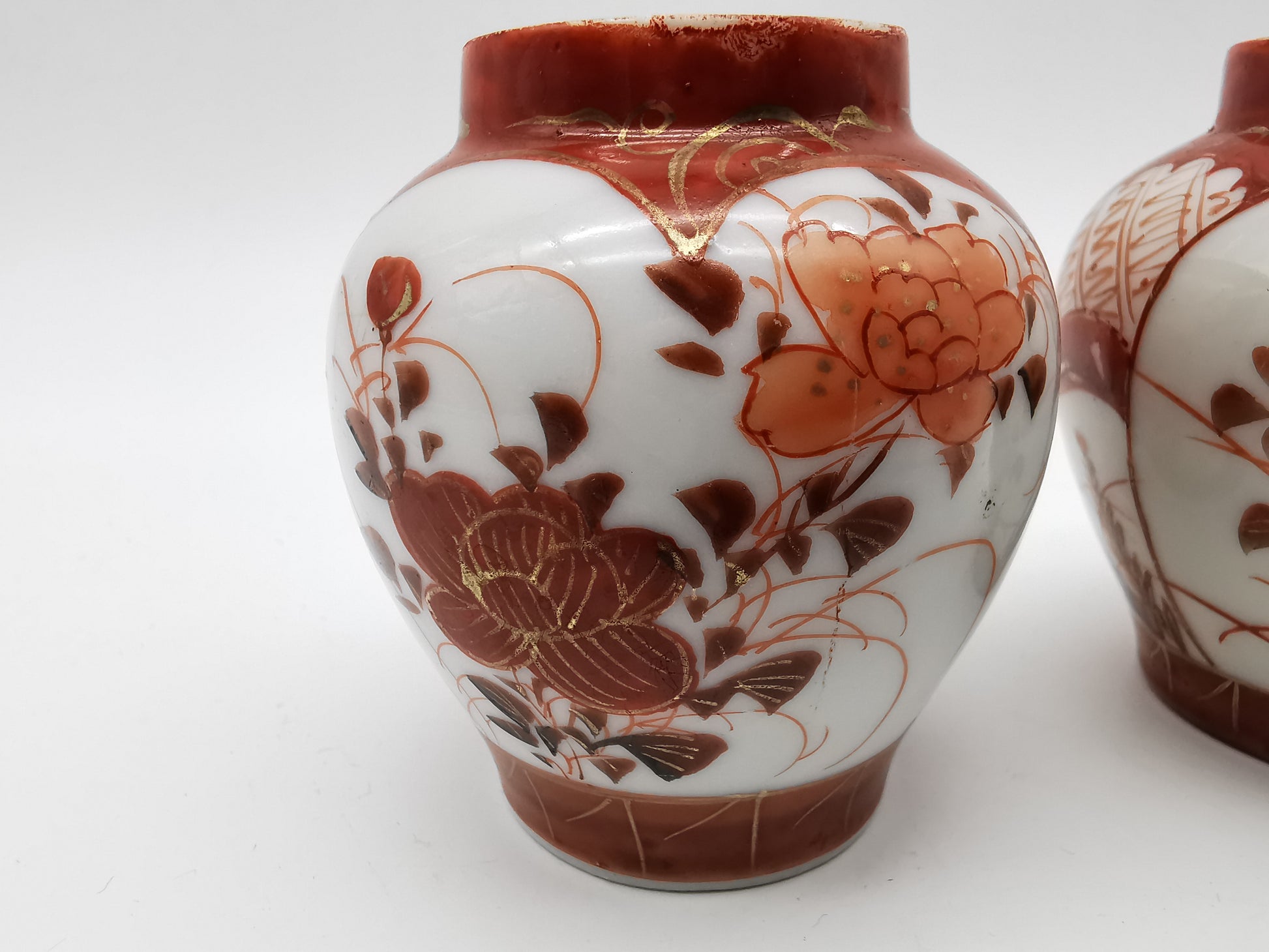 Pair of Antique Japanese Meiji Kutani Cabinet Vases – Iron Red and Gold