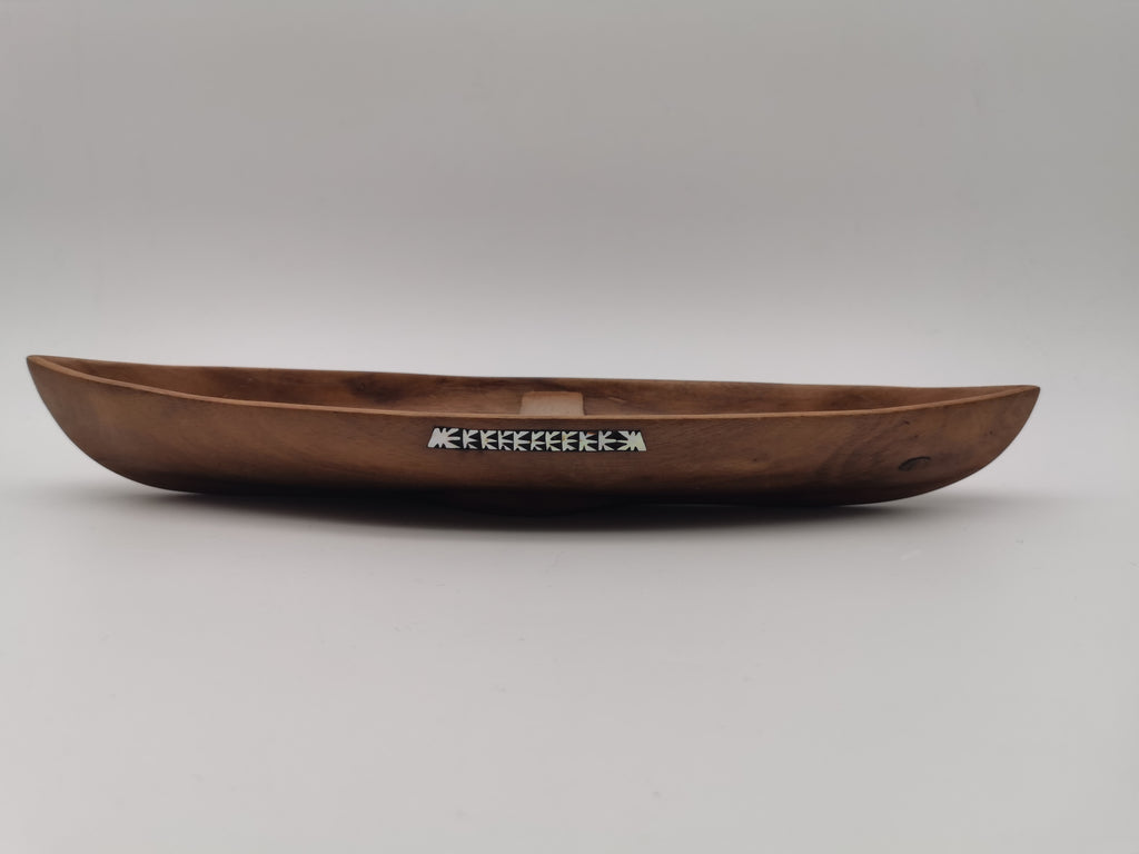 Vintage African Hand-Carved Boat-Shaped Bowl with Shell Inlay