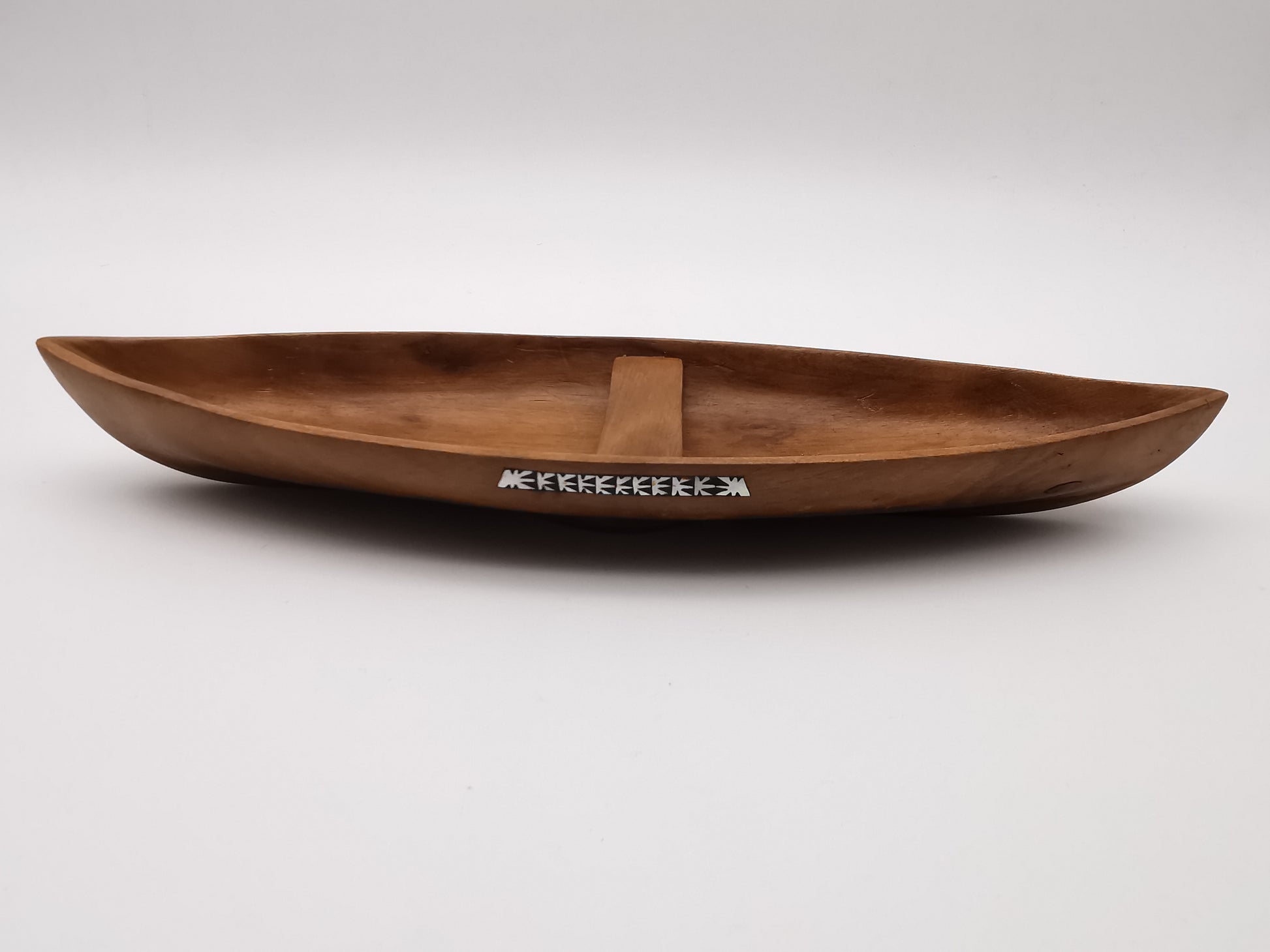 Vintage African Hand-Carved Boat-Shaped Bowl with Shell Inlay