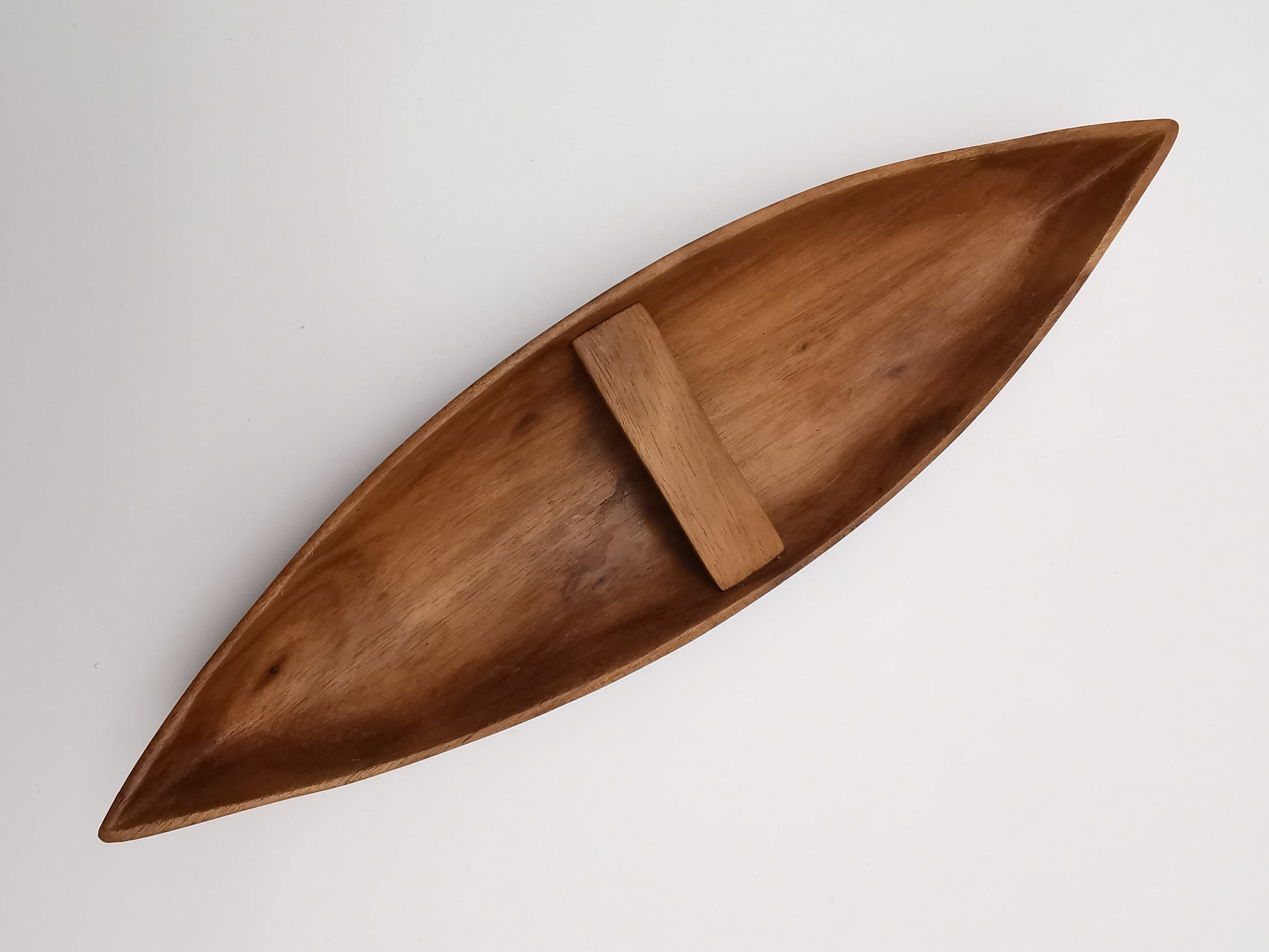 Vintage African Hand-Carved Boat-Shaped Bowl with Shell Inlay