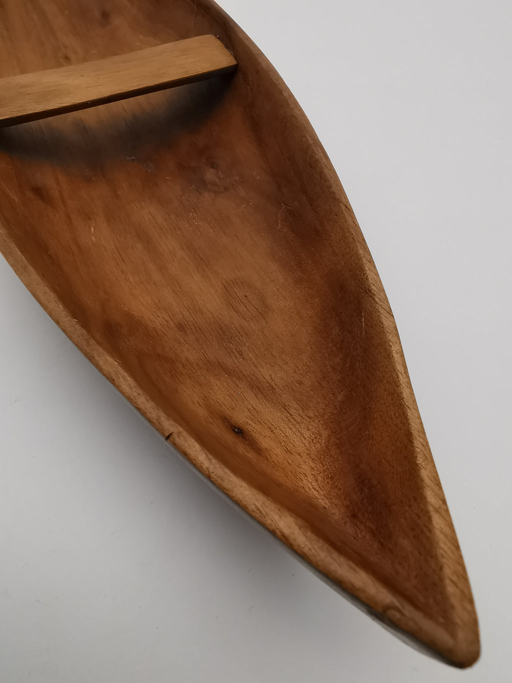 Vintage African Hand-Carved Boat-Shaped Bowl with Shell Inlay