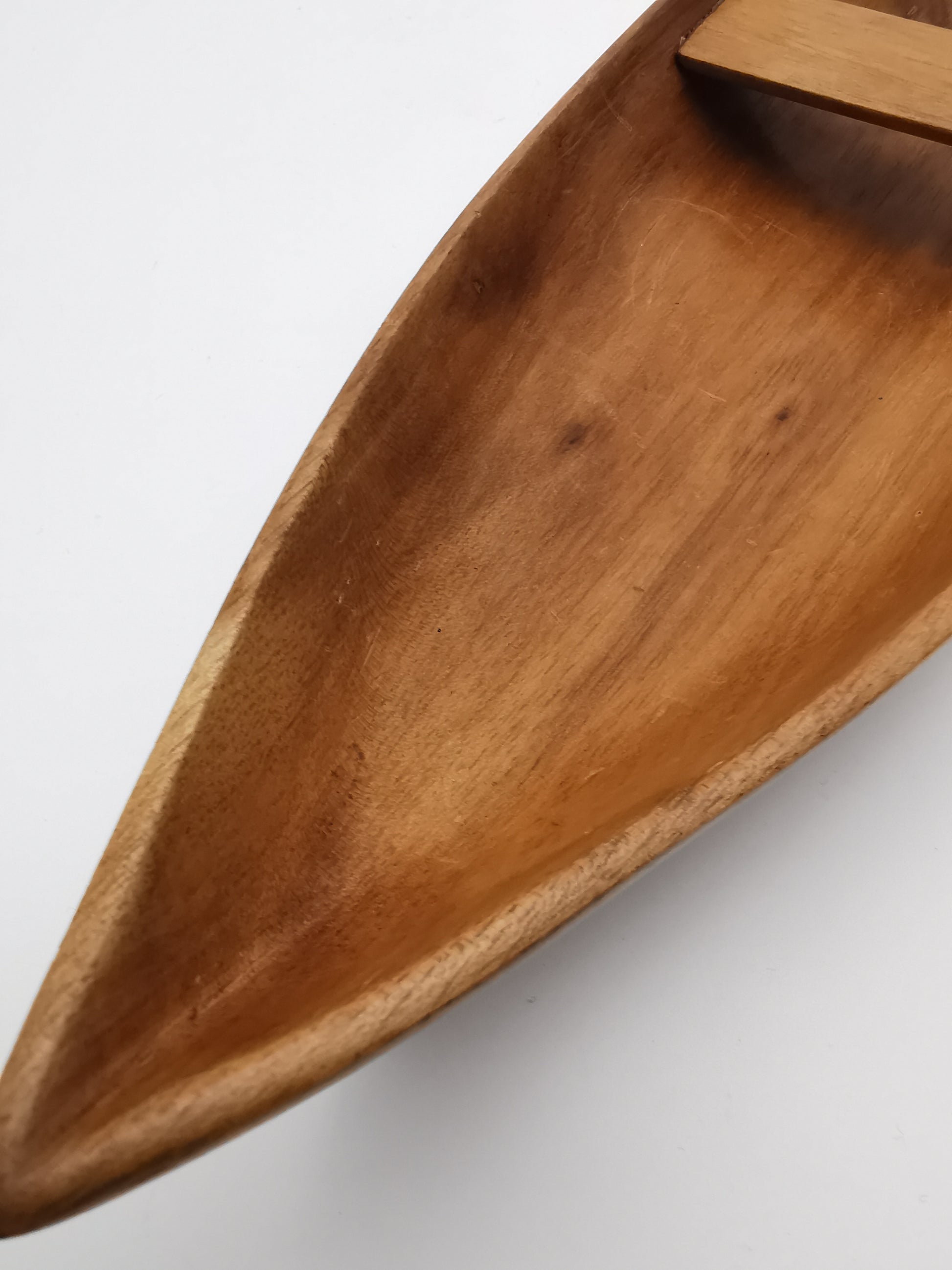 Vintage African Hand-Carved Boat-Shaped Bowl with Shell Inlay