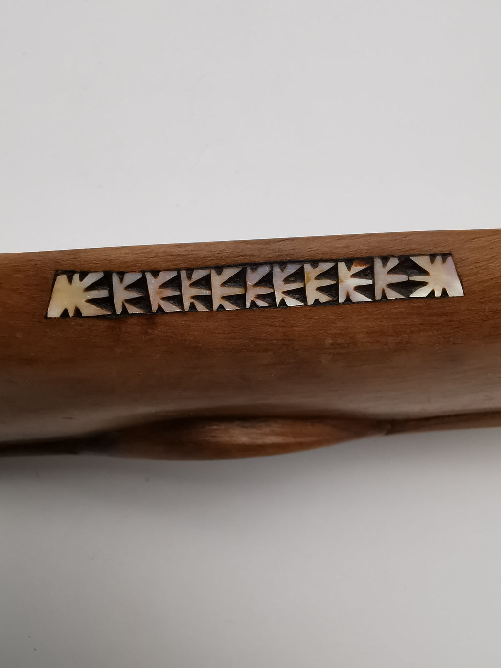 Vintage African Hand-Carved Boat-Shaped Bowl with Shell Inlay