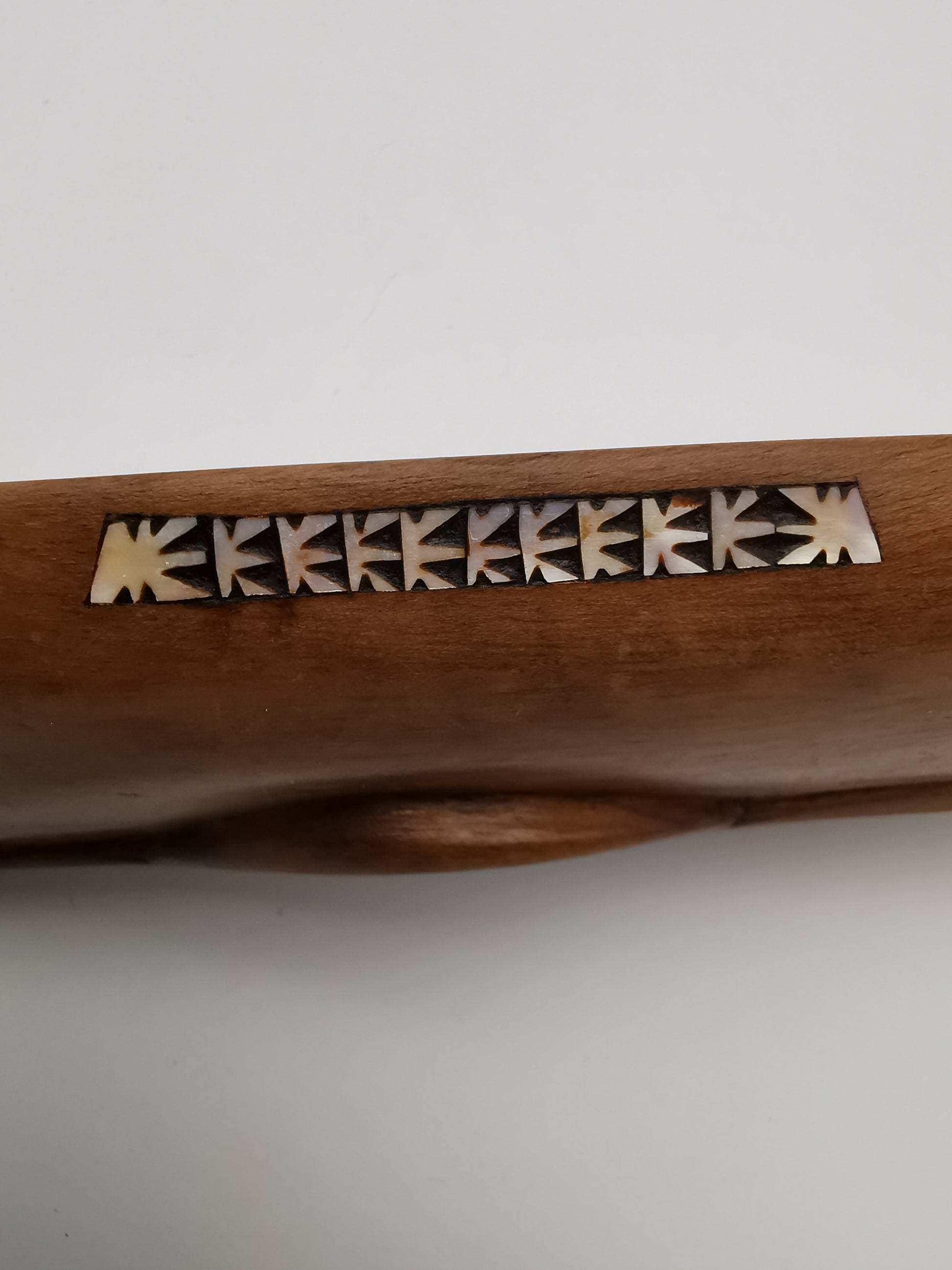 Vintage African Hand-Carved Boat-Shaped Bowl with Shell Inlay