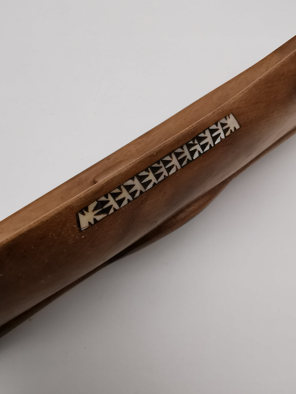 Vintage African Hand-Carved Boat-Shaped Bowl with Shell Inlay