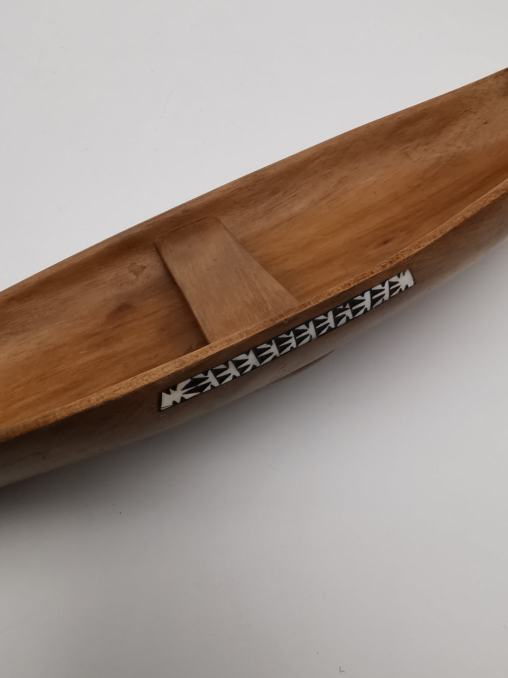 Vintage African Hand-Carved Boat-Shaped Bowl with Shell Inlay