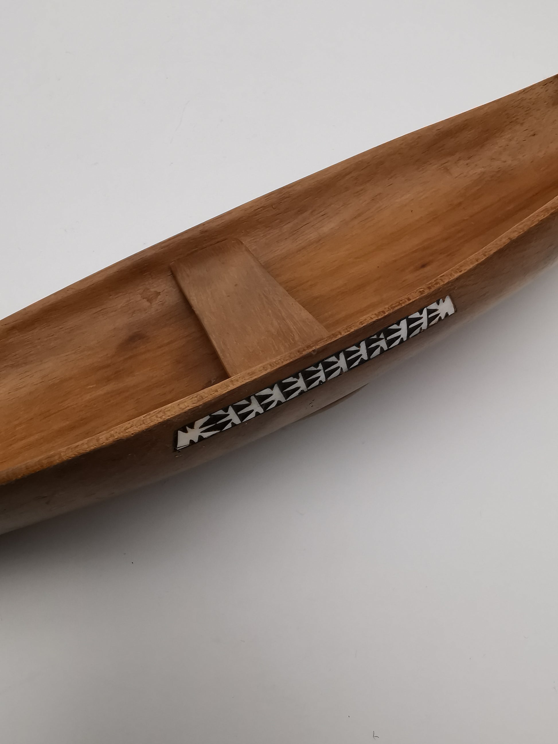 Vintage African Hand-Carved Boat-Shaped Bowl with Shell Inlay