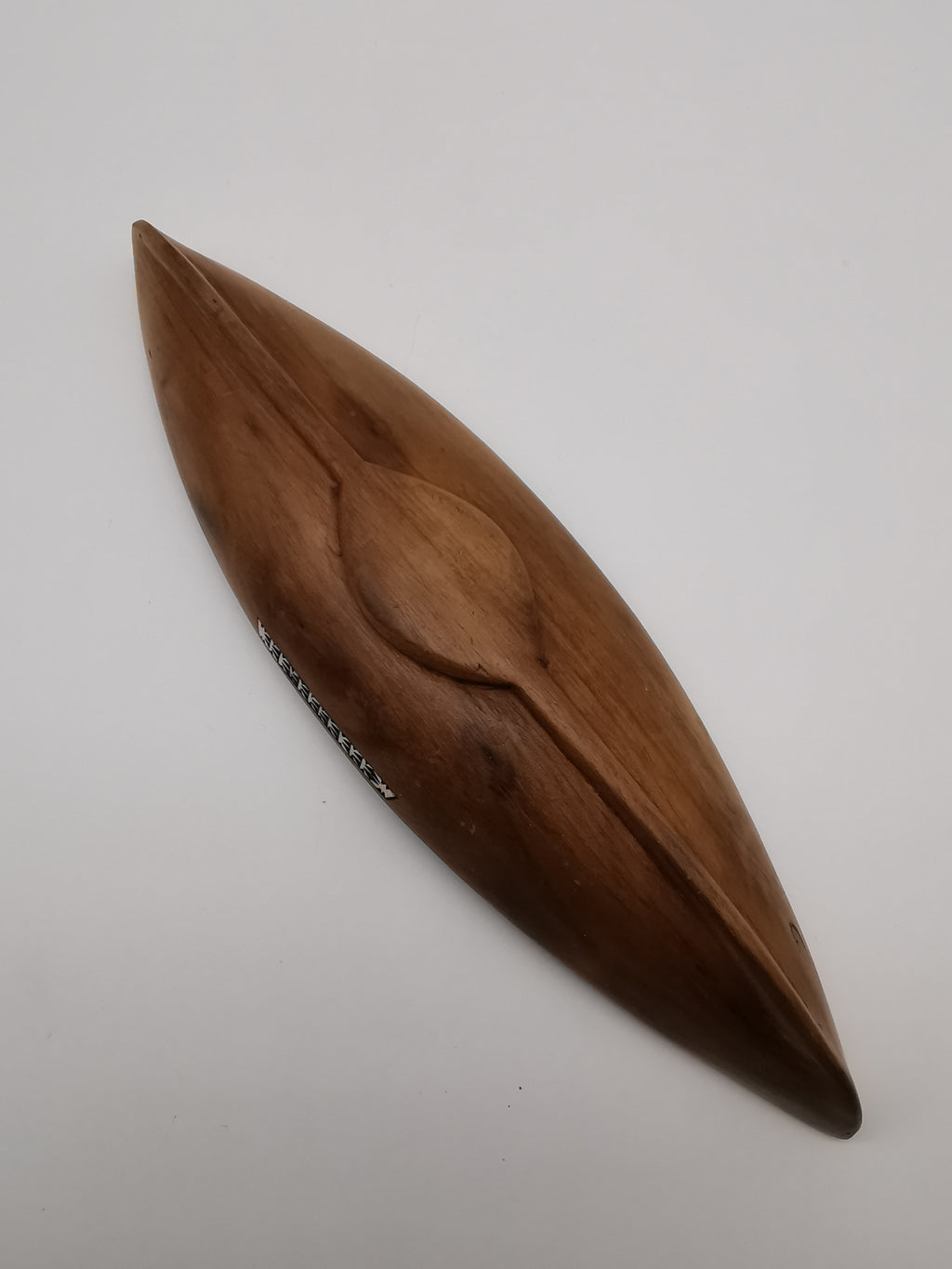 Vintage African Hand-Carved Boat-Shaped Bowl with Shell Inlay