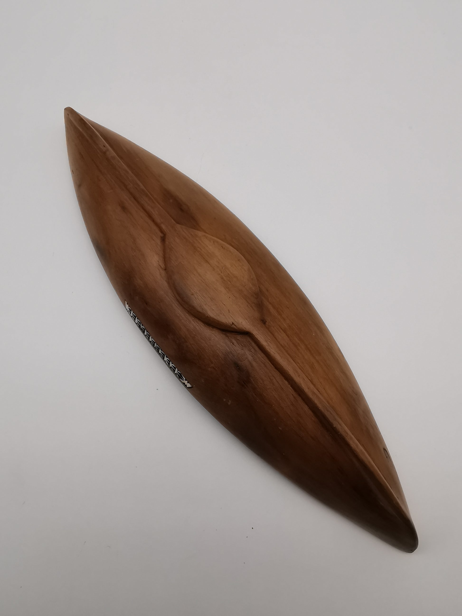 Vintage African Hand-Carved Boat-Shaped Bowl with Shell Inlay