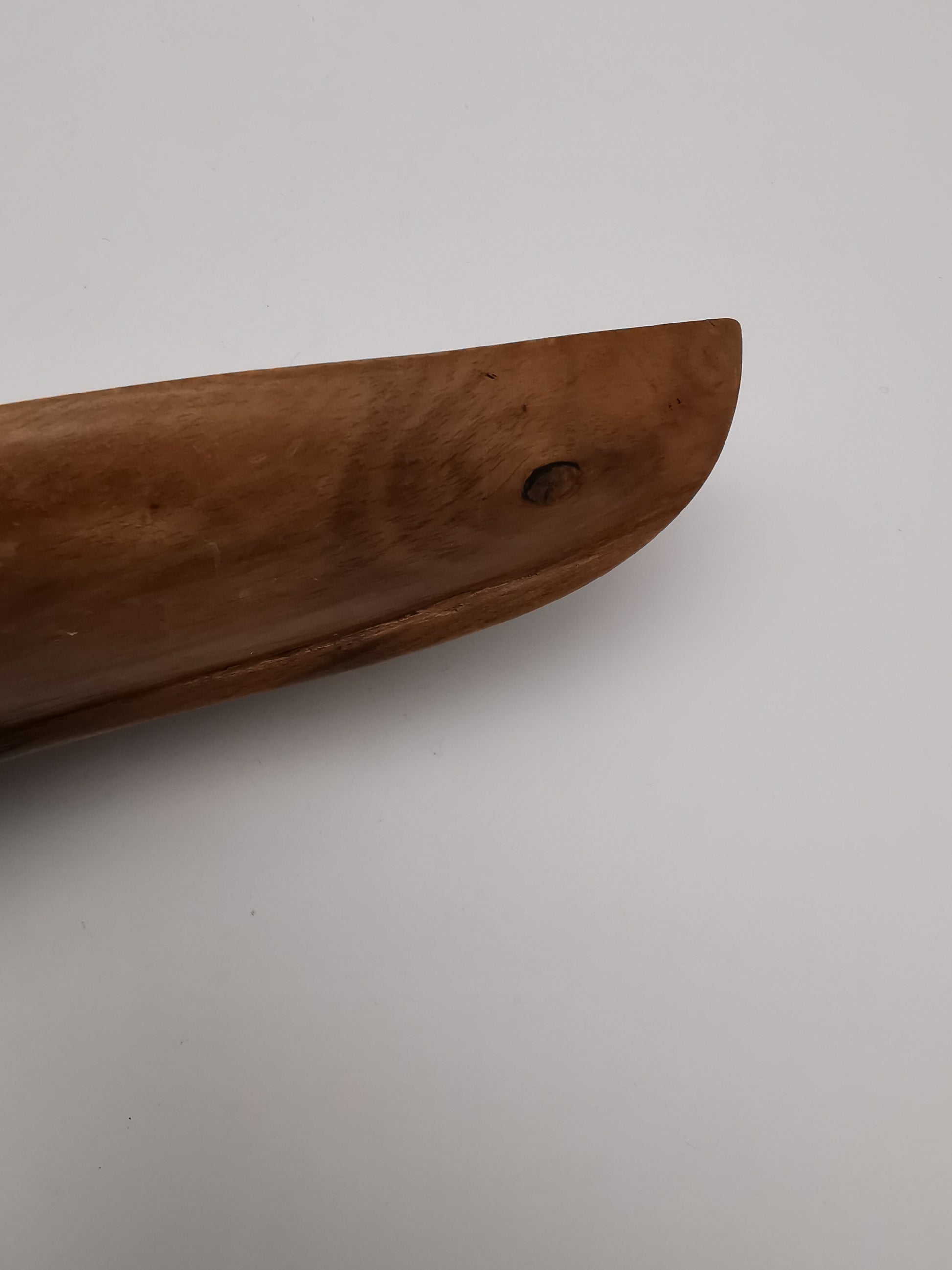 Vintage African Hand-Carved Boat-Shaped Bowl with Shell Inlay