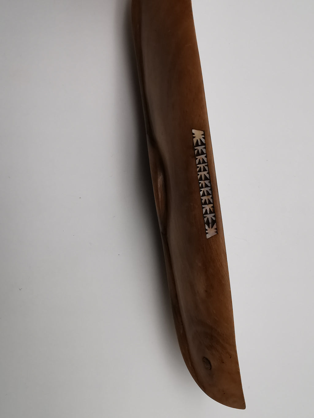 Vintage African Hand-Carved Boat-Shaped Bowl with Shell Inlay