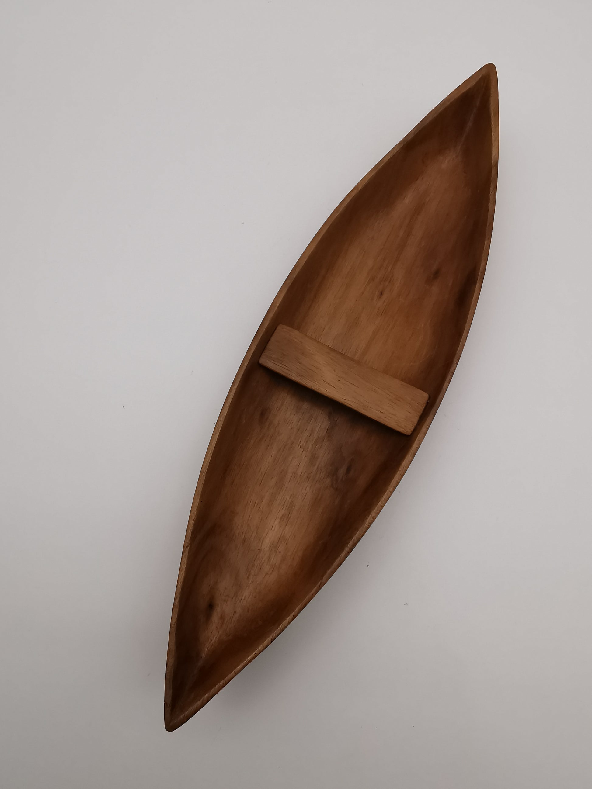 Vintage African Hand-Carved Boat-Shaped Bowl with Shell Inlay