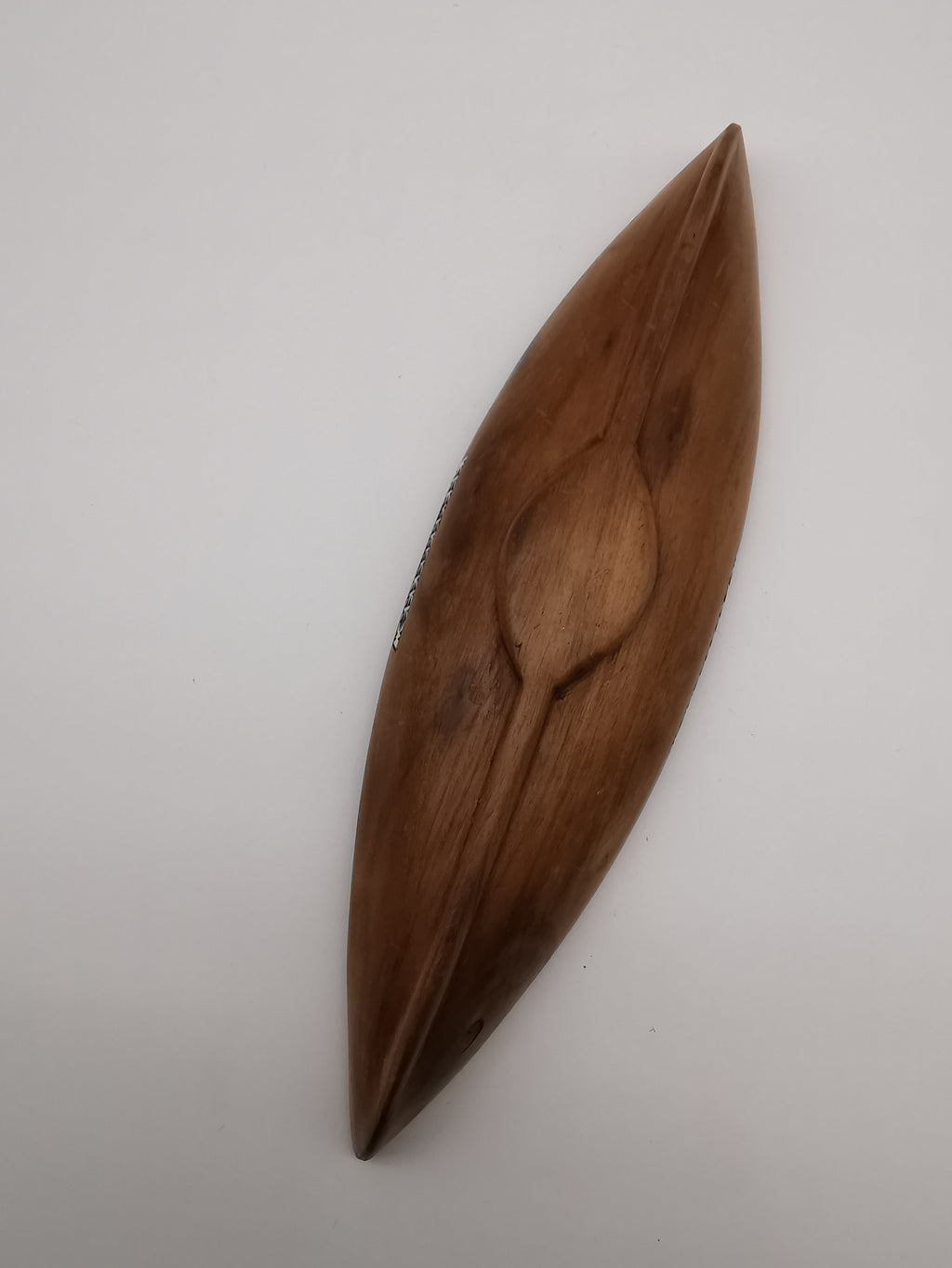 Vintage African Hand-Carved Boat-Shaped Bowl with Shell Inlay