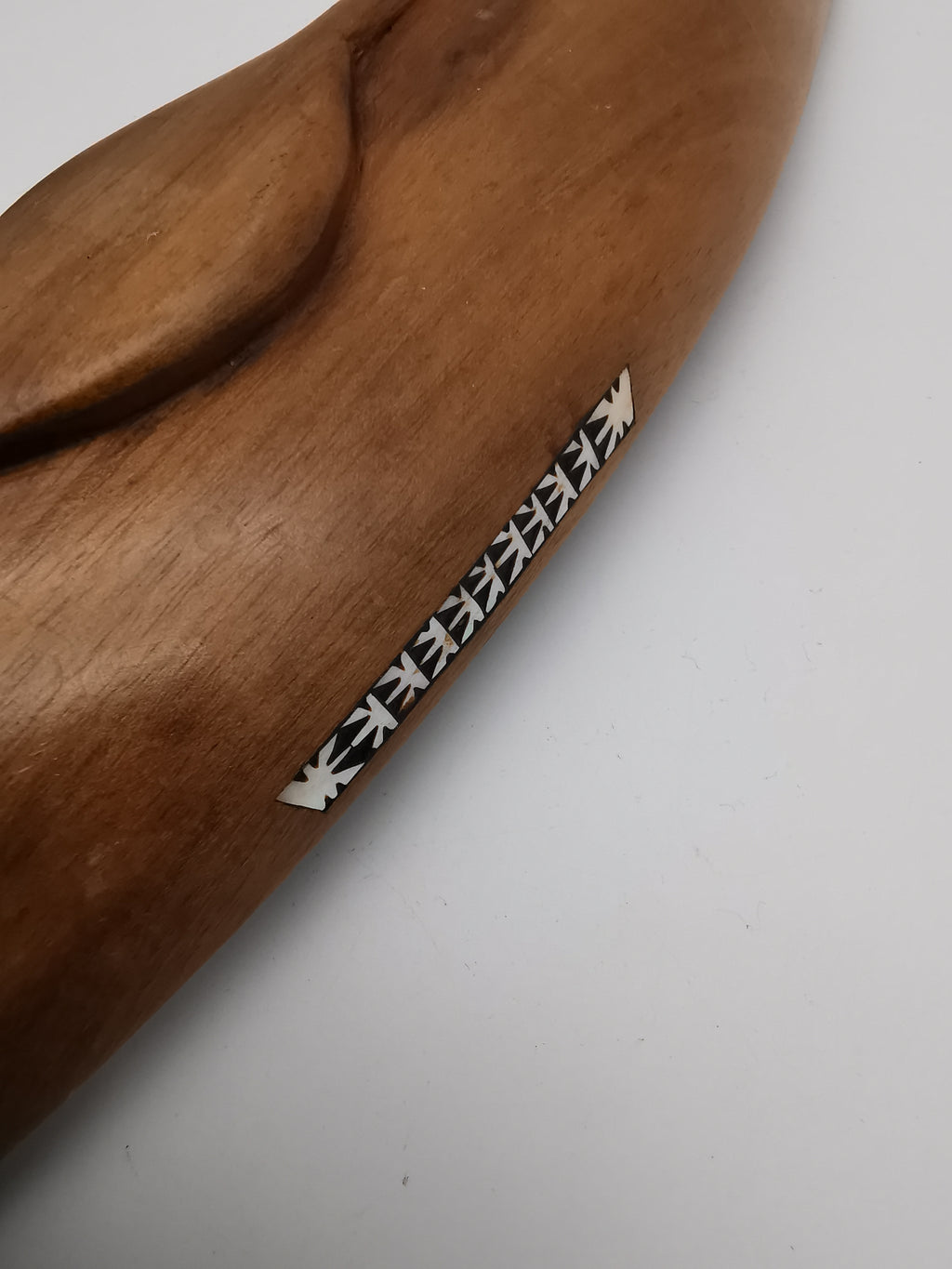 Vintage African Hand-Carved Boat-Shaped Bowl with Shell Inlay