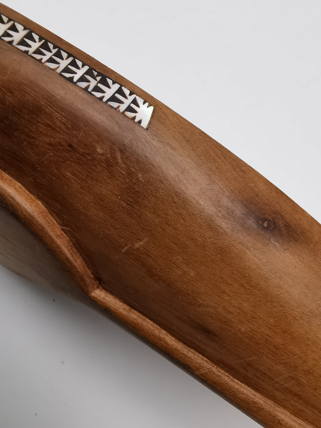 Vintage African Hand-Carved Boat-Shaped Bowl with Shell Inlay