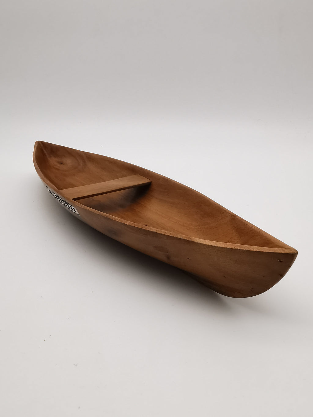 Vintage African Hand-Carved Boat-Shaped Bowl with Shell Inlay