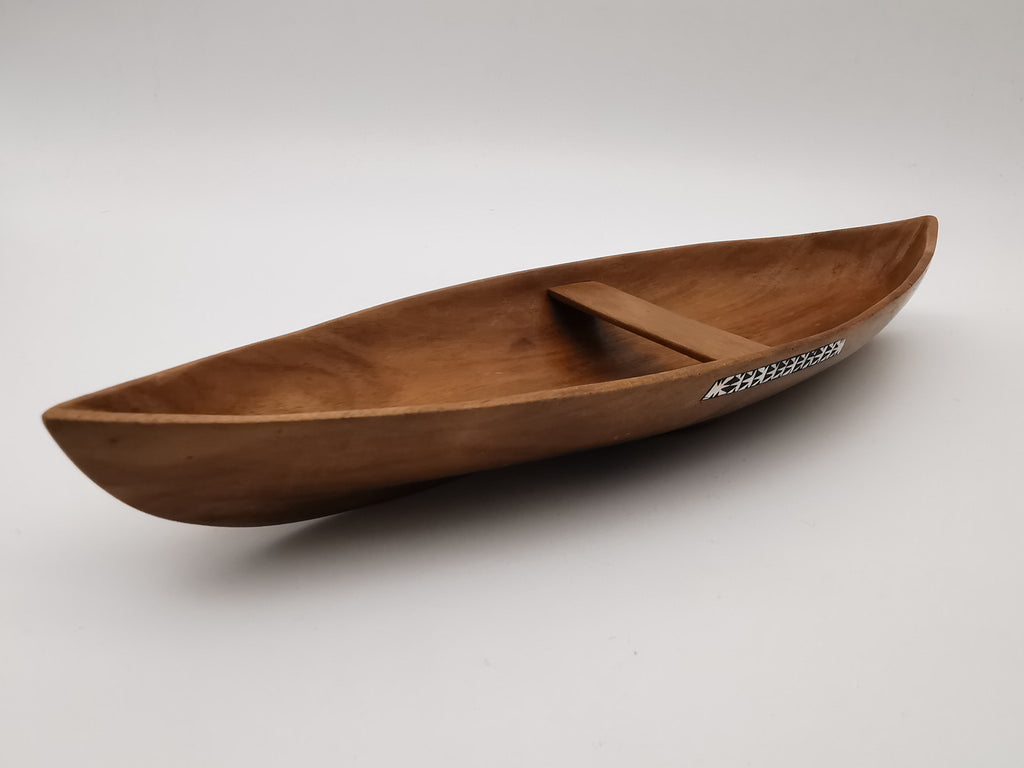 Vintage African Hand-Carved Boat-Shaped Bowl with Shell Inlay