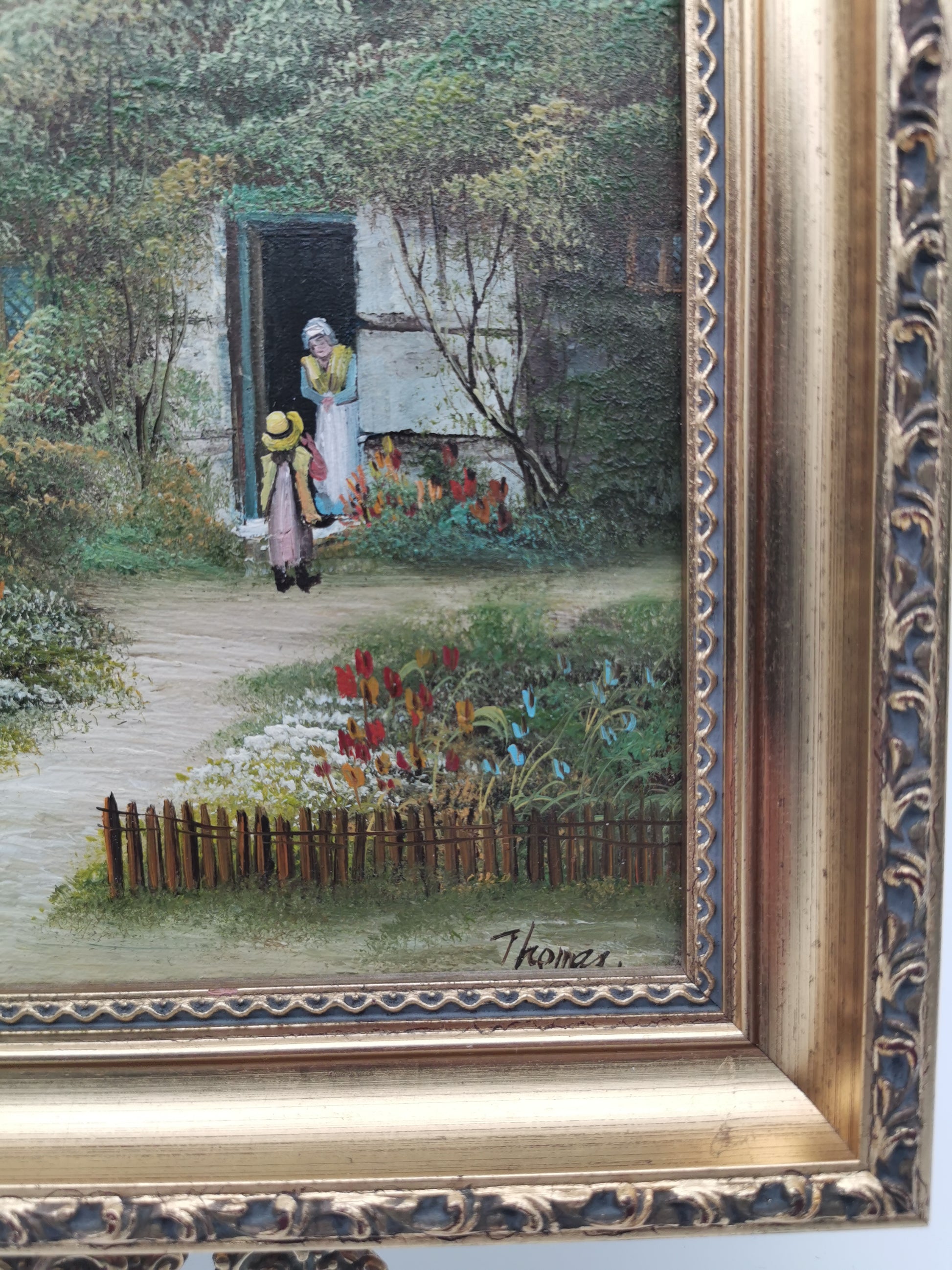 Vintage Oil Painting – Framed Thatched Cottage Country Landscape, Signed Thomas, 33cm x 27.8cm