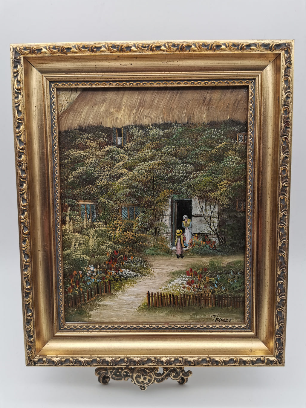 Vintage Oil Painting – Framed Thatched Cottage Country Landscape, Signed Thomas, 33cm x 27.8cm