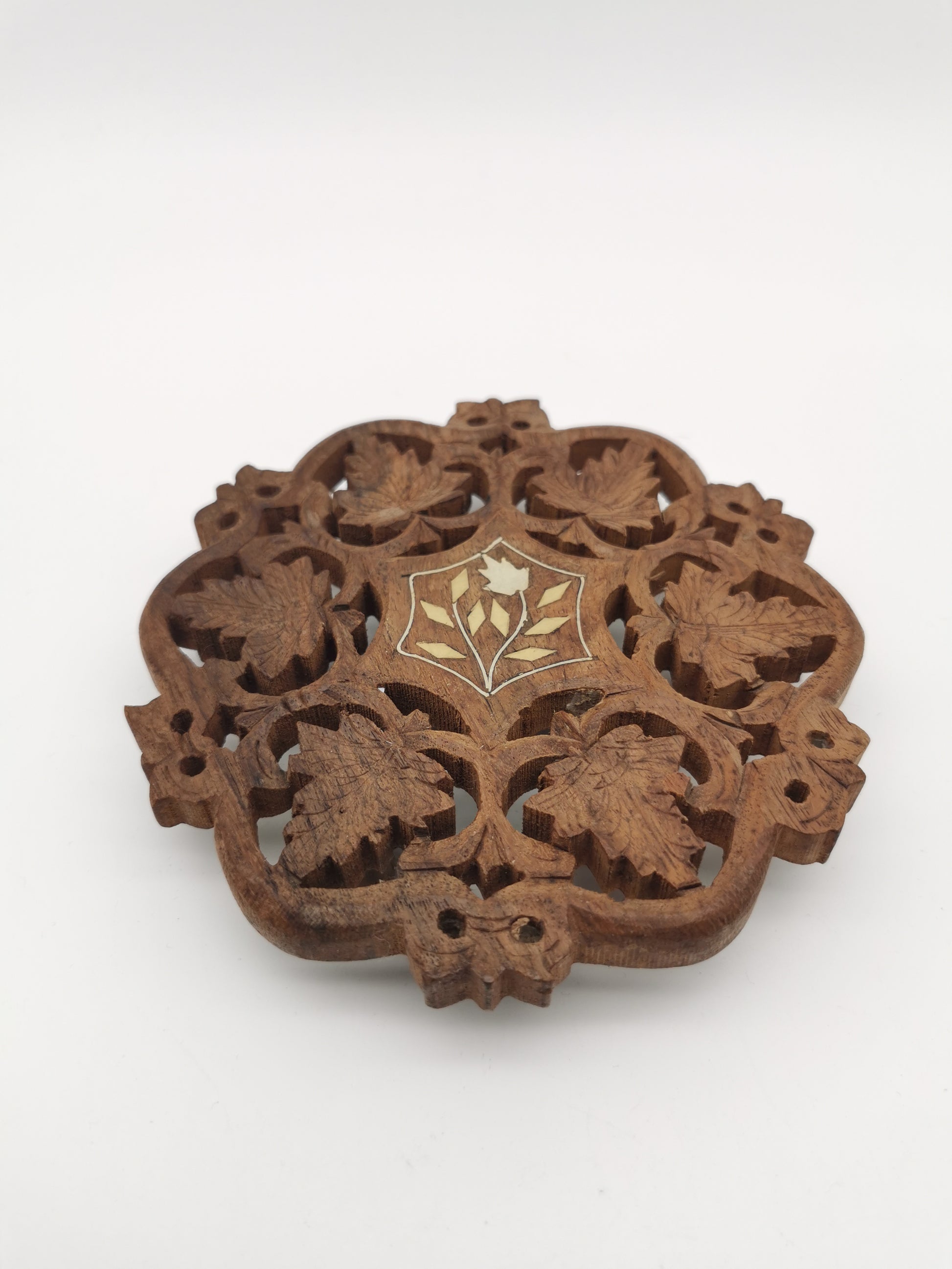 Vintage Indian Hand-Carved Wood Trivet with Bone Inlay.
