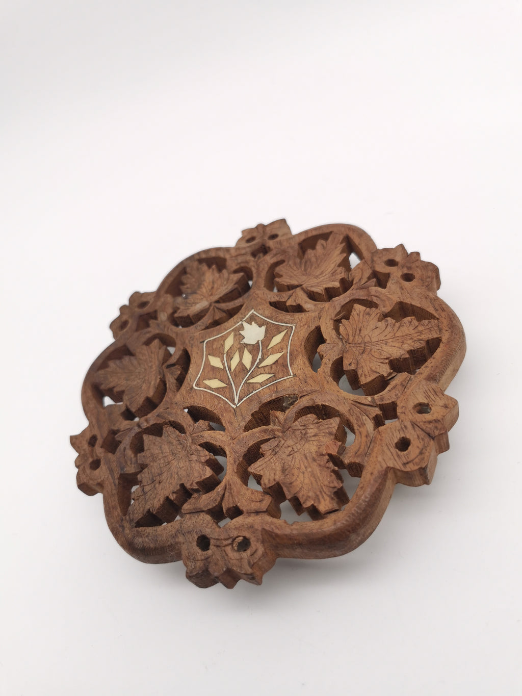 Vintage Indian Hand-Carved Wood Trivet with Bone Inlay.