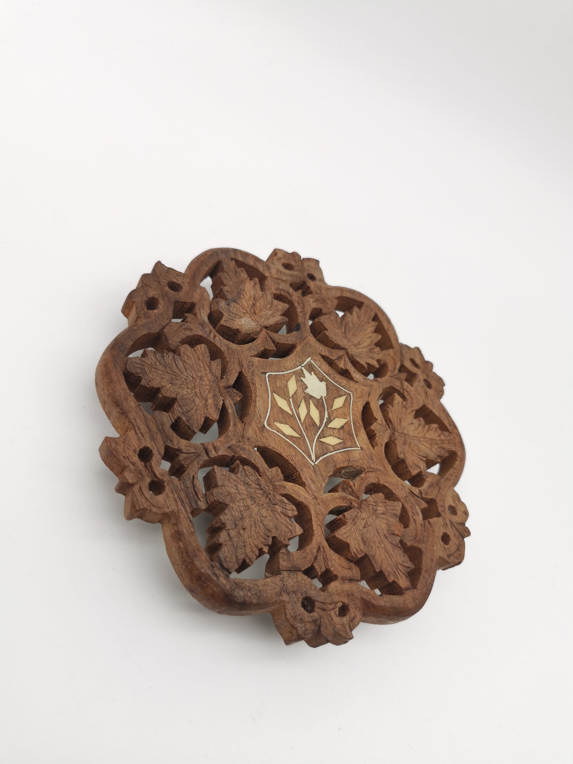 Vintage Indian Hand-Carved Wood Trivet with Bone Inlay.