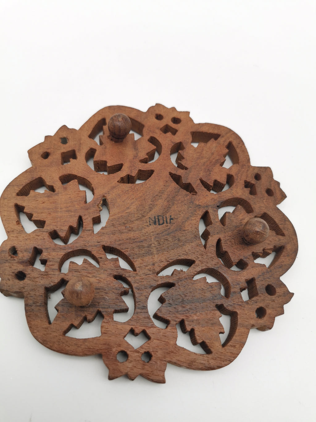 Vintage Indian Hand-Carved Wood Trivet with Bone Inlay.