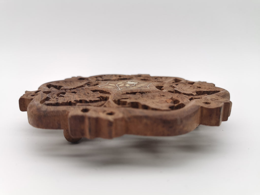 Vintage Indian Hand-Carved Wood Trivet with Bone Inlay.