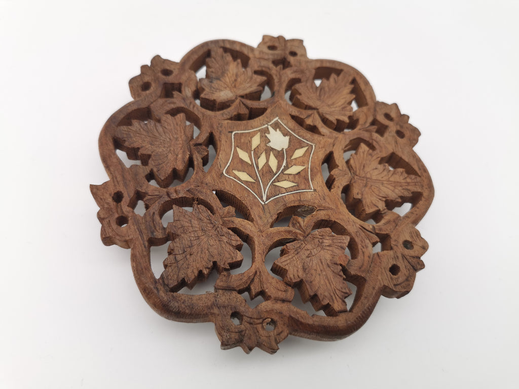 Vintage Indian Hand-Carved Wood Trivet with Bone Inlay.