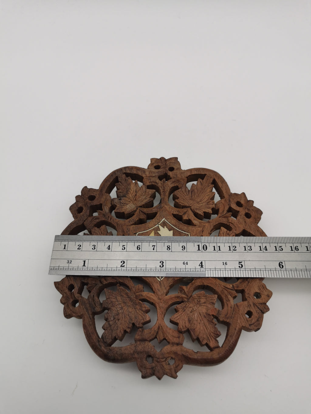 Vintage Indian Hand-Carved Wood Trivet with Bone Inlay.