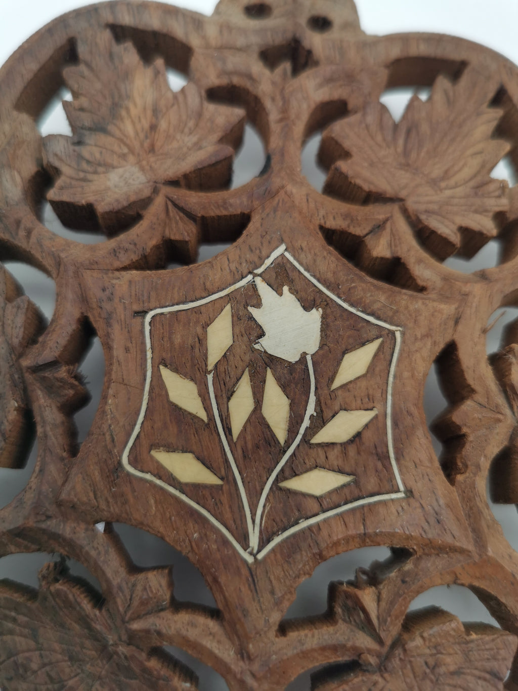 Vintage Indian Hand-Carved Wood Trivet with Bone Inlay.