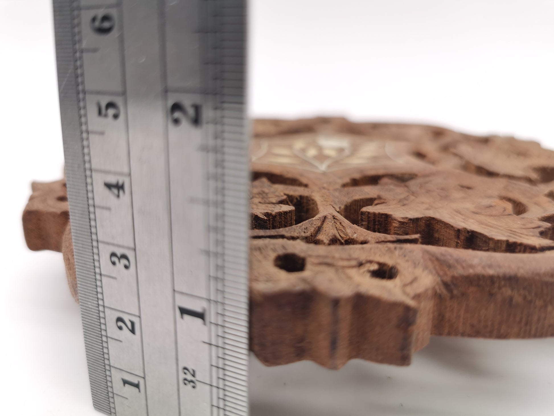 Vintage Indian Hand-Carved Wood Trivet with Bone Inlay.