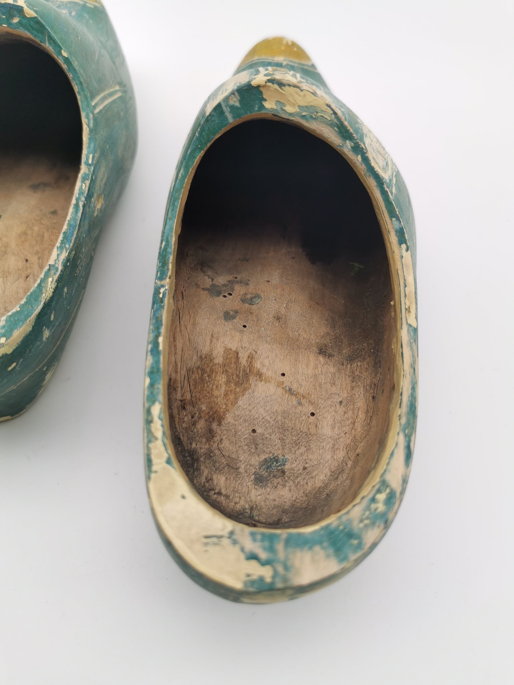 Vintage Green Hand-Painted Dutch Wooden Clogs, Distressed Teal Green