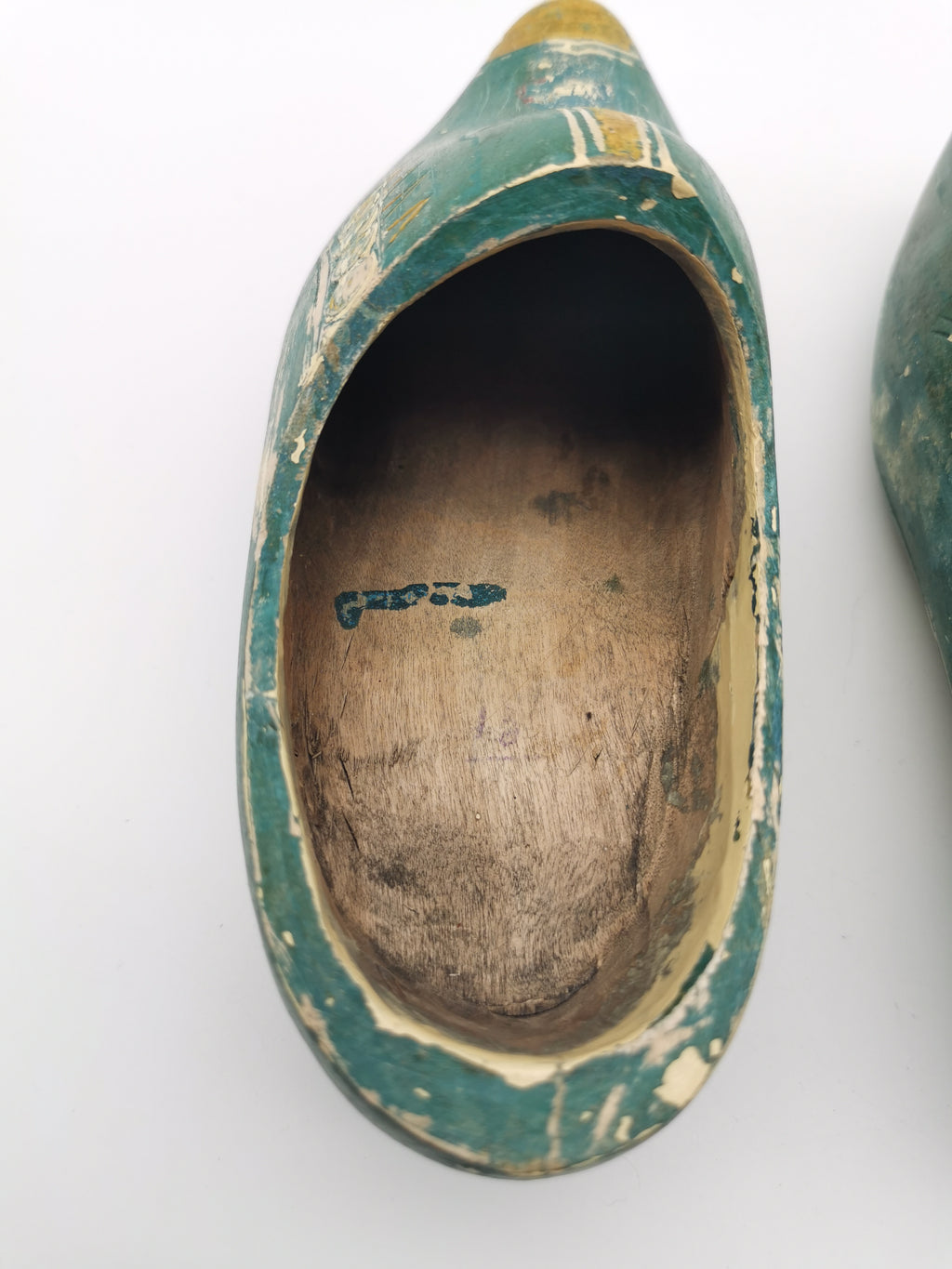 Vintage Green Hand-Painted Dutch Wooden Clogs, Distressed Teal Green