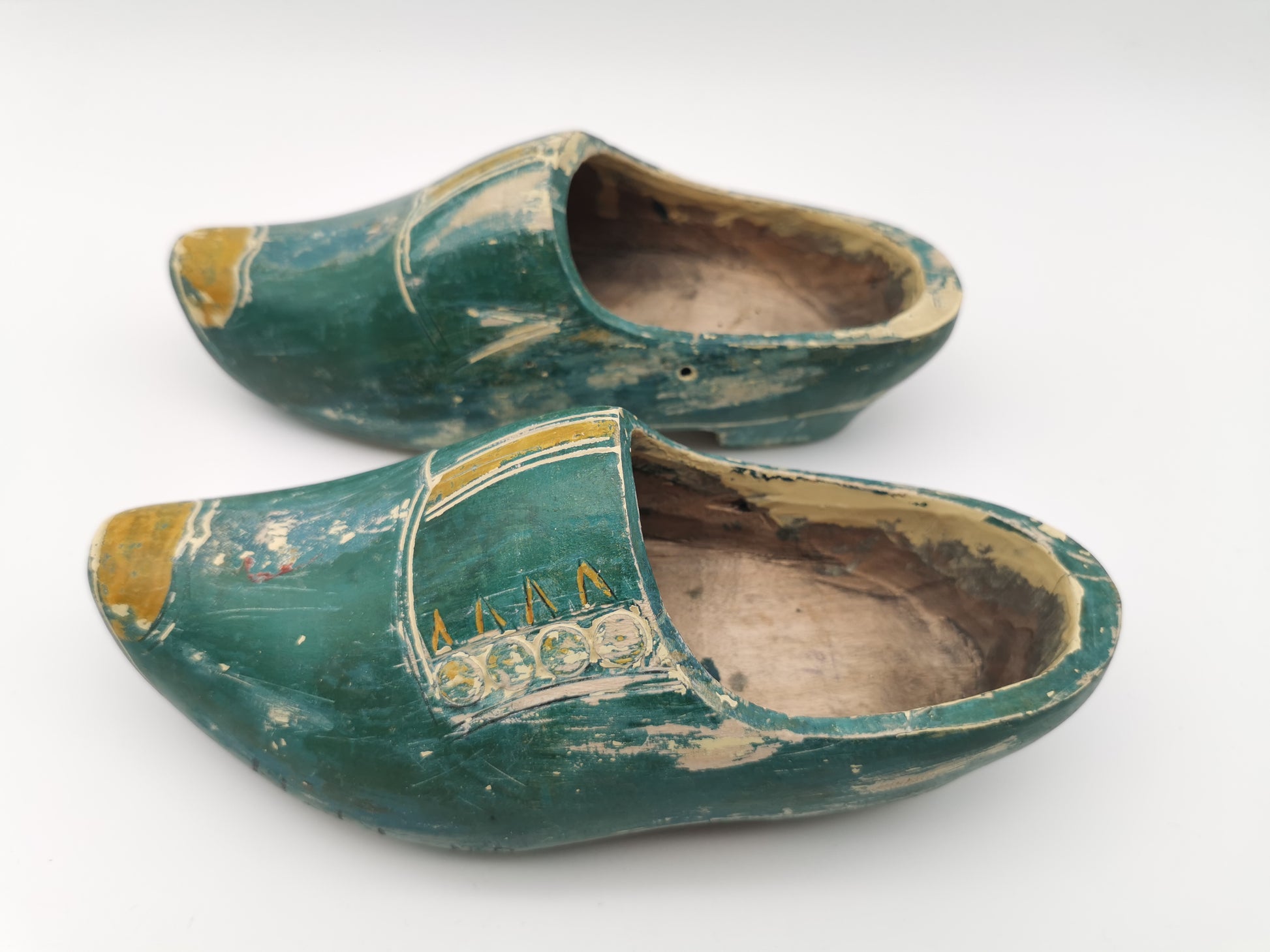 Vintage Green Hand-Painted Dutch Wooden Clogs, Distressed Teal Green