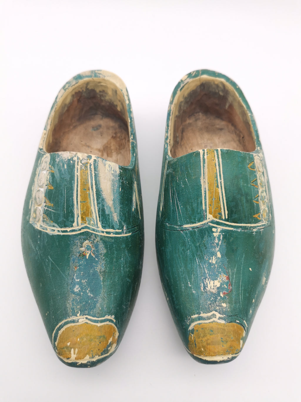 Vintage Green Hand-Painted Dutch Wooden Clogs, Distressed Teal Green