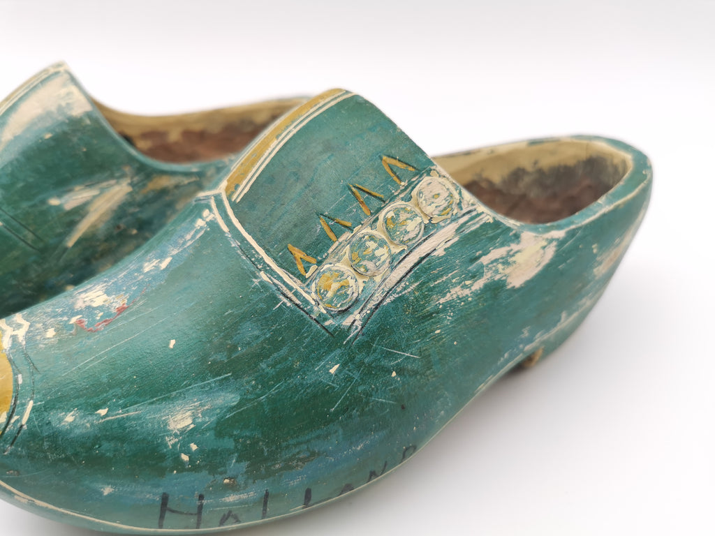 Vintage Green Hand-Painted Dutch Wooden Clogs, Distressed Teal Green