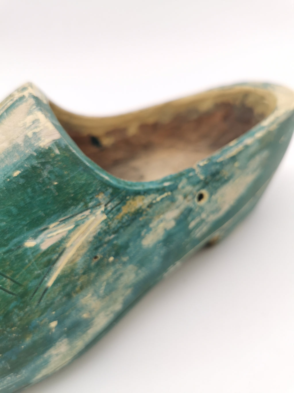 Vintage Green Hand-Painted Dutch Wooden Clogs, Distressed Teal Green