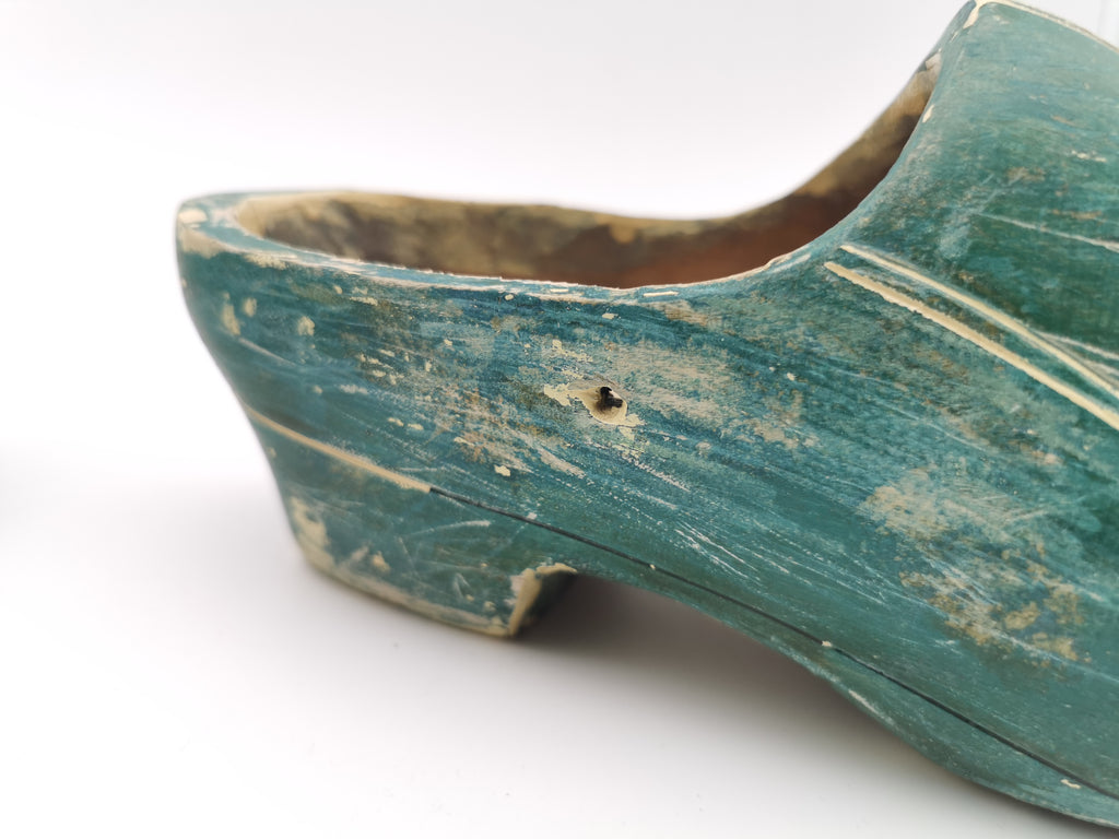 Vintage Green Hand-Painted Dutch Wooden Clogs, Distressed Teal Green
