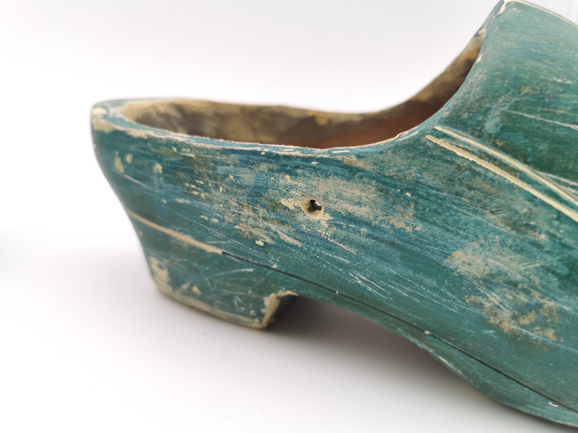 Vintage Green Hand-Painted Dutch Wooden Clogs, Distressed Teal Green