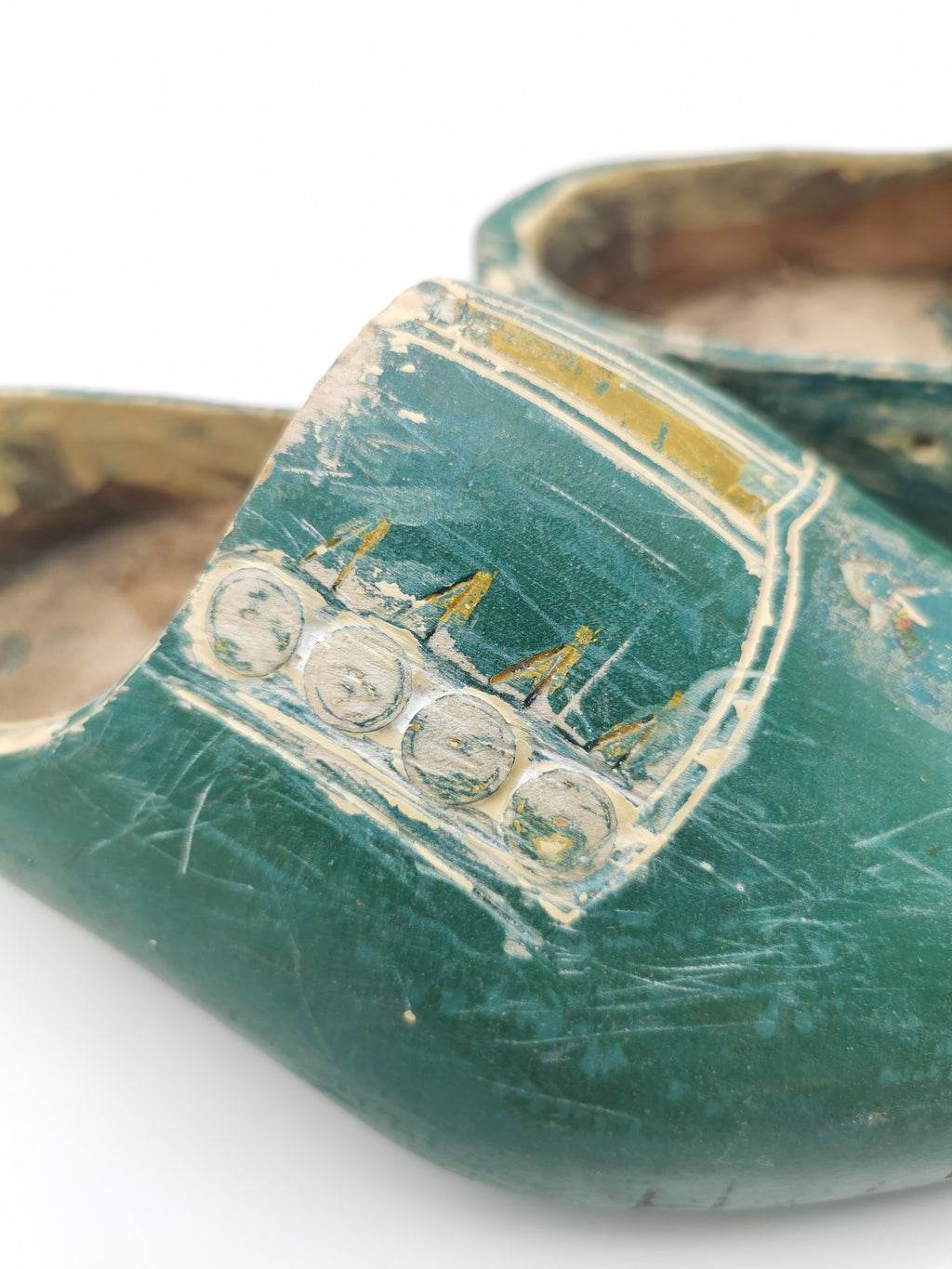 Vintage Green Hand-Painted Dutch Wooden Clogs, Distressed Teal Green