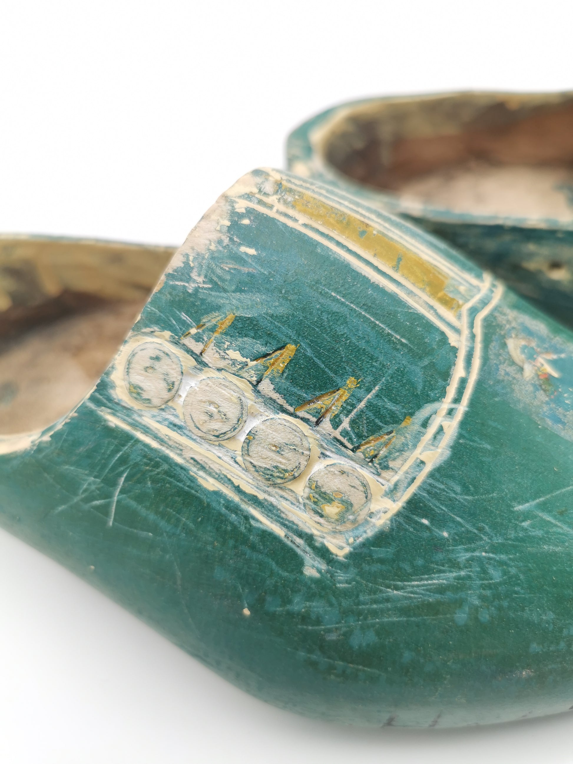 Vintage Green Hand-Painted Dutch Wooden Clogs, Distressed Teal Green