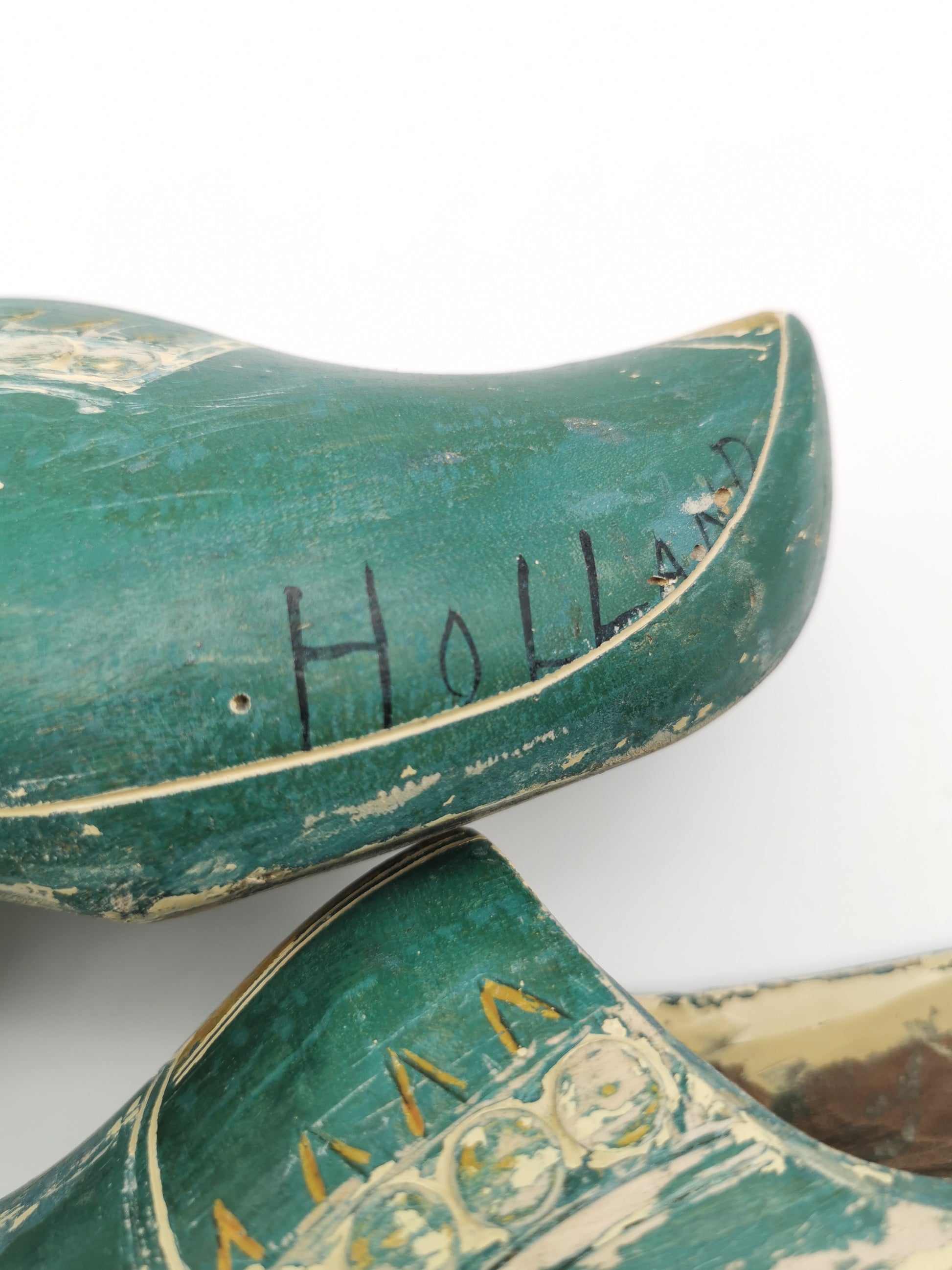 Vintage Green Hand-Painted Dutch Wooden Clogs, Distressed Teal Green