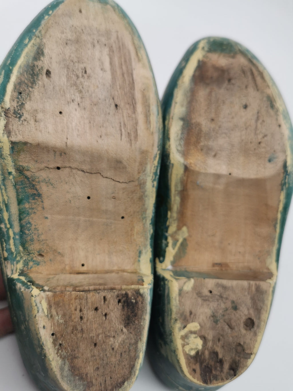 Vintage Green Hand-Painted Dutch Wooden Clogs, Distressed Teal Green