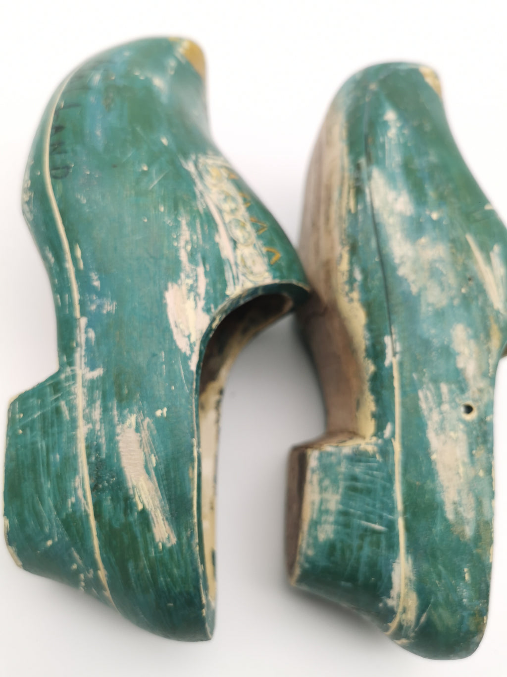 Vintage Green Hand-Painted Dutch Wooden Clogs, Distressed Teal Green