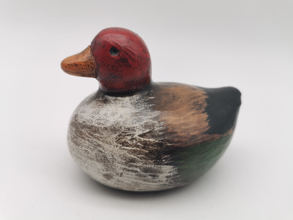 Vintage Small Clay Duck Figurine – Hand-Painted Rustic Folk Art Bird Sculpture, Signed