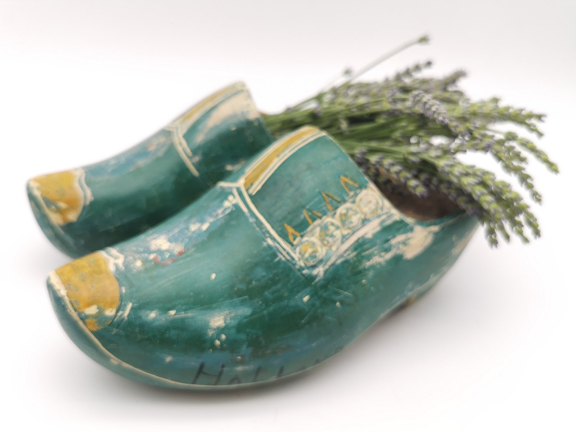 Vintage Green Hand-Painted Dutch Wooden Clogs, Distressed Teal Green